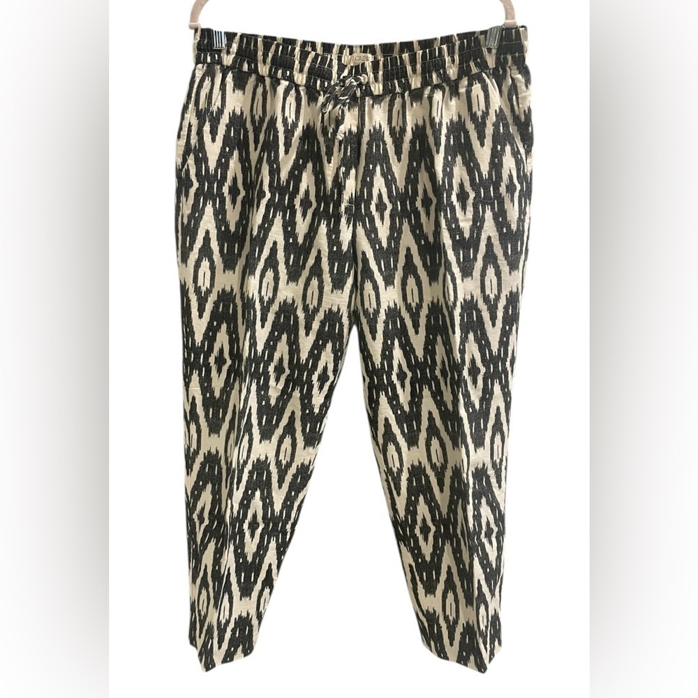 J.Crew Linen Cotton Ikat Drawstring Pants 10 Black Cream Cropped